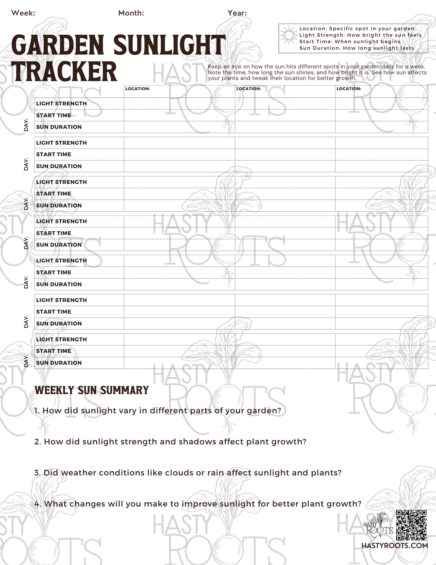 Sunlight Tracking Worksheet: Digital Download